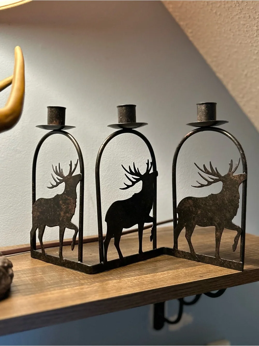 Festive Rustic Metal Cabin Buck Deer Triple Candlestick Holder